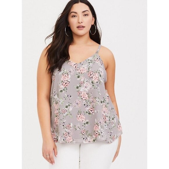 Torrid Womens Sophie Georgette Tie Back Swing Cami Top Plus Sz 3X Gray Floral - Picture 1 of 7